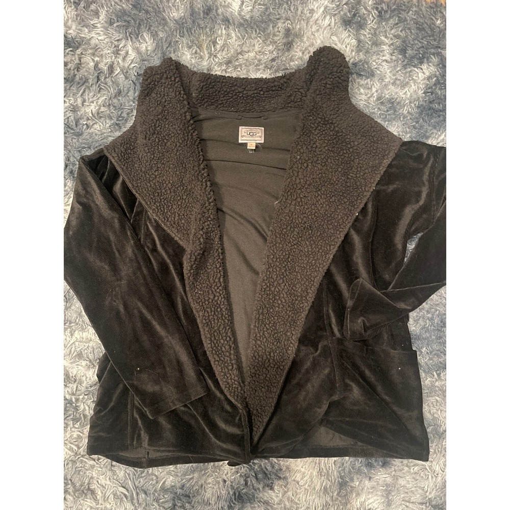 UGG‎ Black Velour Sherpa Trim Open Front Cozy Jacket Coat Medium